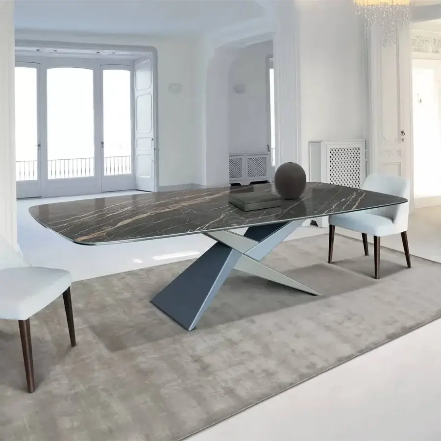 Elegant Ivano Antonello Italia Rialto dining table with dark grey veined ceramic and muted grey-blue painted metal base