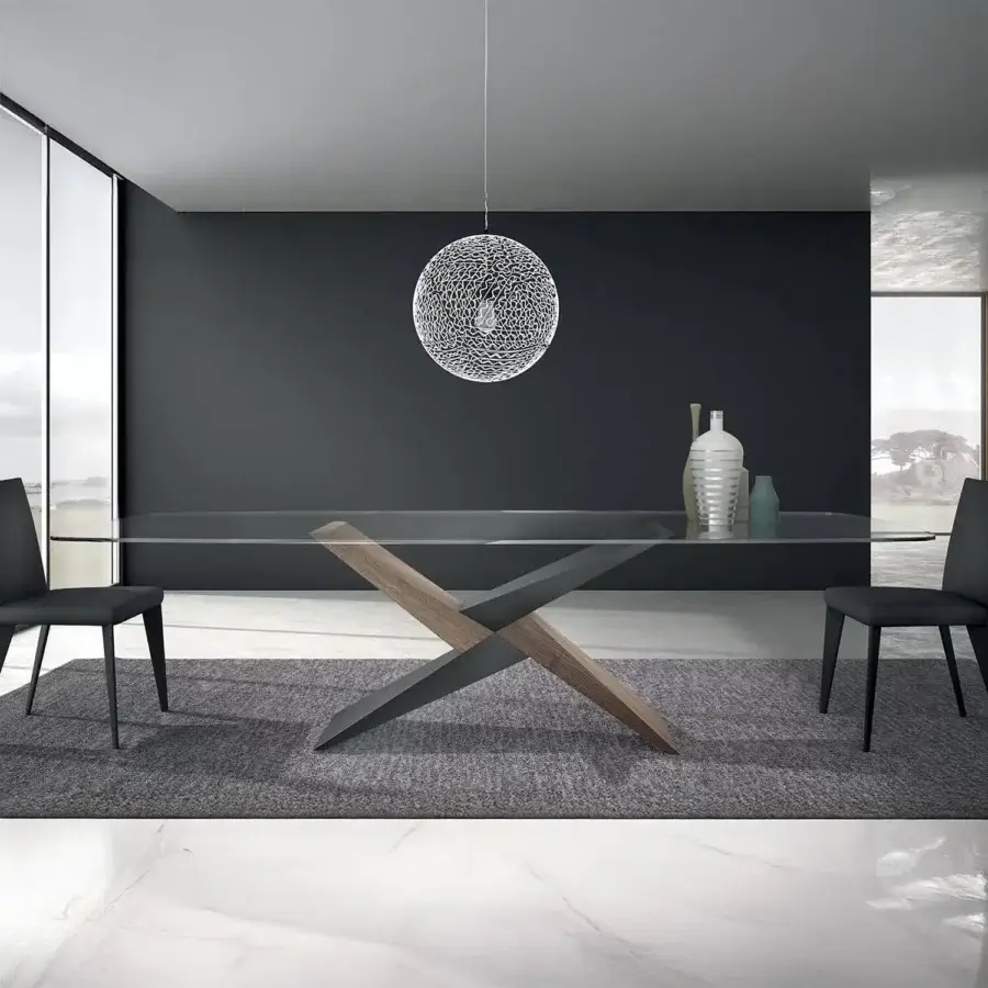 Distinguished Ivano Antonello Italia Rialto dining table with intersecting brown painted metal base and smooth satin glass top
