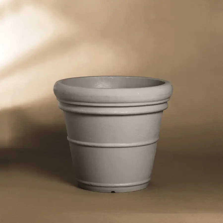 Superior Serralunga Doppio Bordo planter crafted from recyclable LLDPE with muted gray tone and subtle horizontal ridging for outdoor use