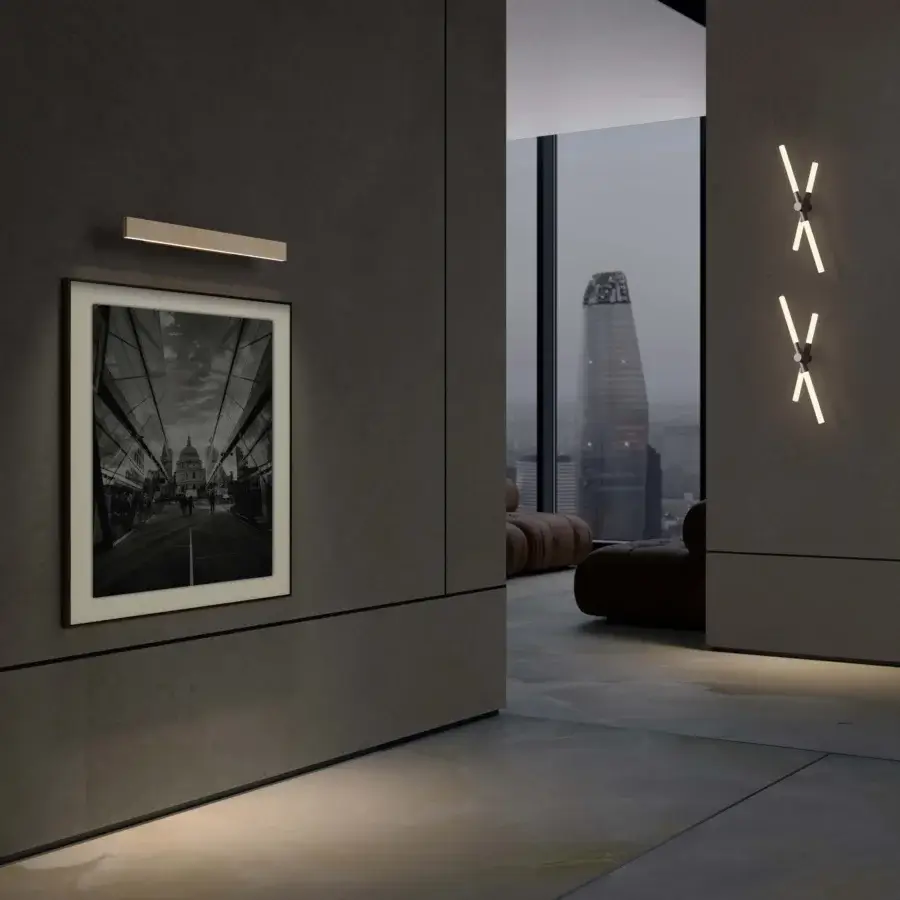 Architectural refined Contardi Bianca wall lamp in matte metal with milky white glass emits evenly diffused light