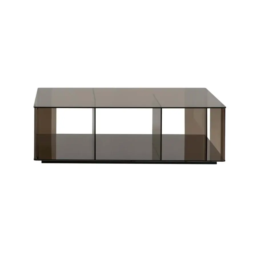 Exceptional Tonin Casa Dedalo coffee table crafted in smoky fumè glass with a minimalist geometric frame