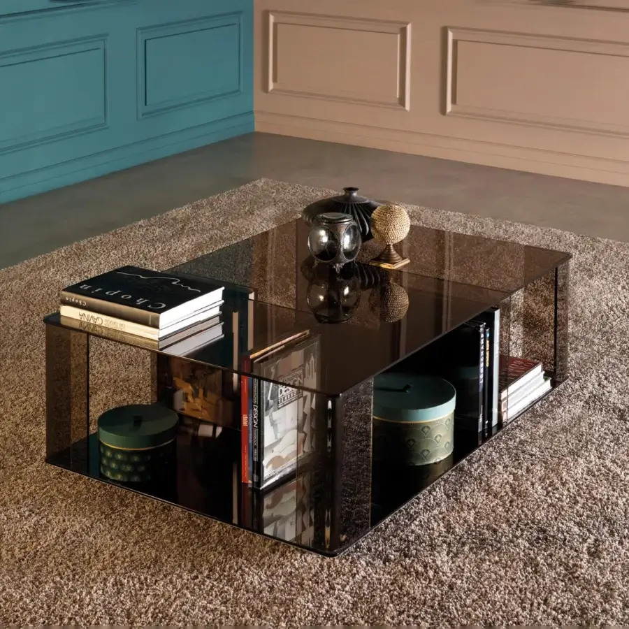 Exceptional Tonin Casa Dedalo coffee table crafted in fumè glass with a polished metal base presenting a minimalist geometric form