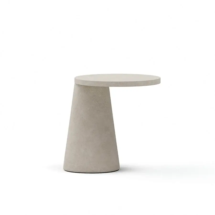 Captivating Atmosphera Totem side table with conical form and circular tabletop crafted in light neutral gray cast stone-like material with textured matte finish