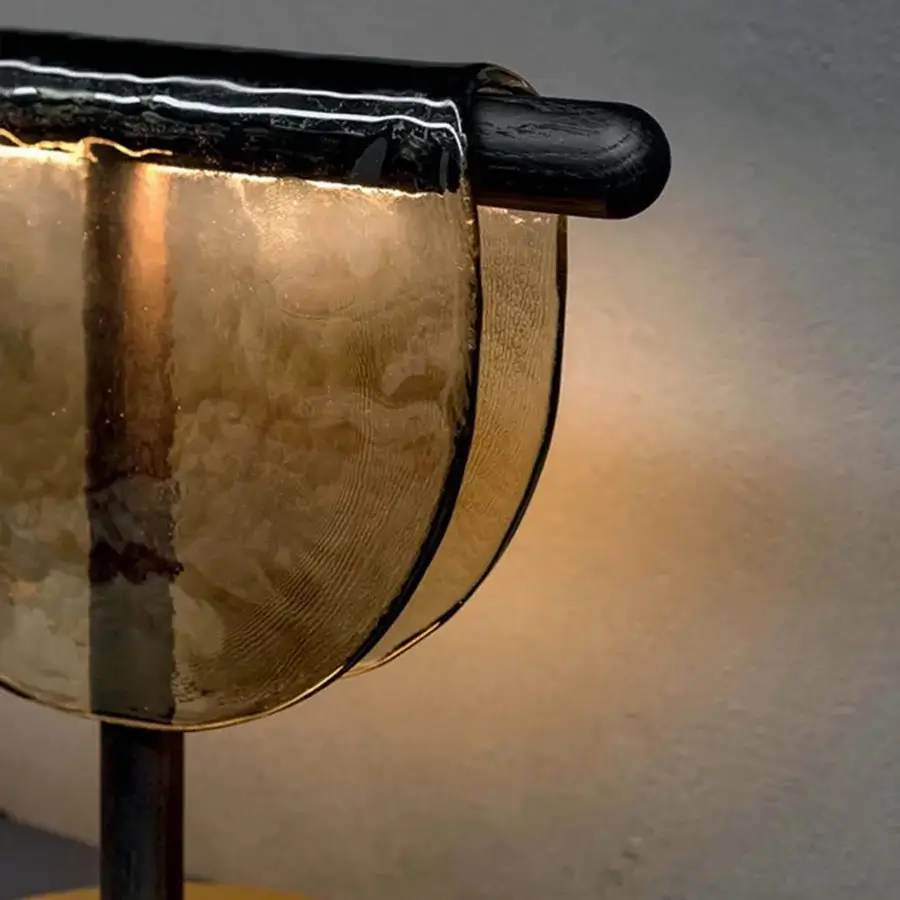 Superior Tonin Casa Dali lamp with organically curved translucent amber fused glass and satin-finish solid oak wood stems
