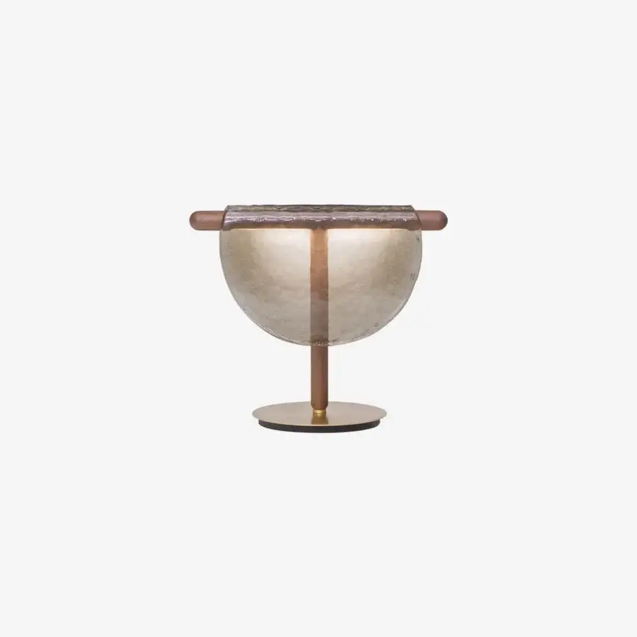 Captivating Tonin Casa Dali lamp with draped fused glass, solid oak wood stem and golden metal base