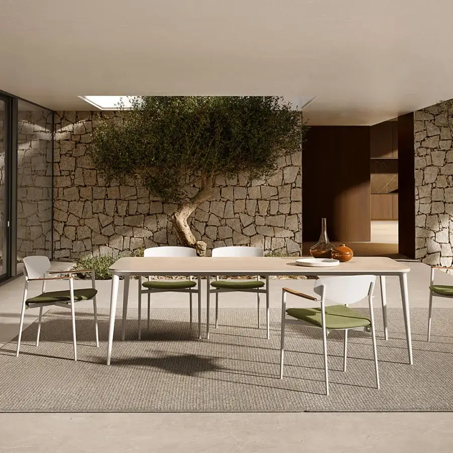 Distinguished Atmosphera Origami table with airy folded appearance and resilient gres porcelain stoneware top crafted in white aluminum