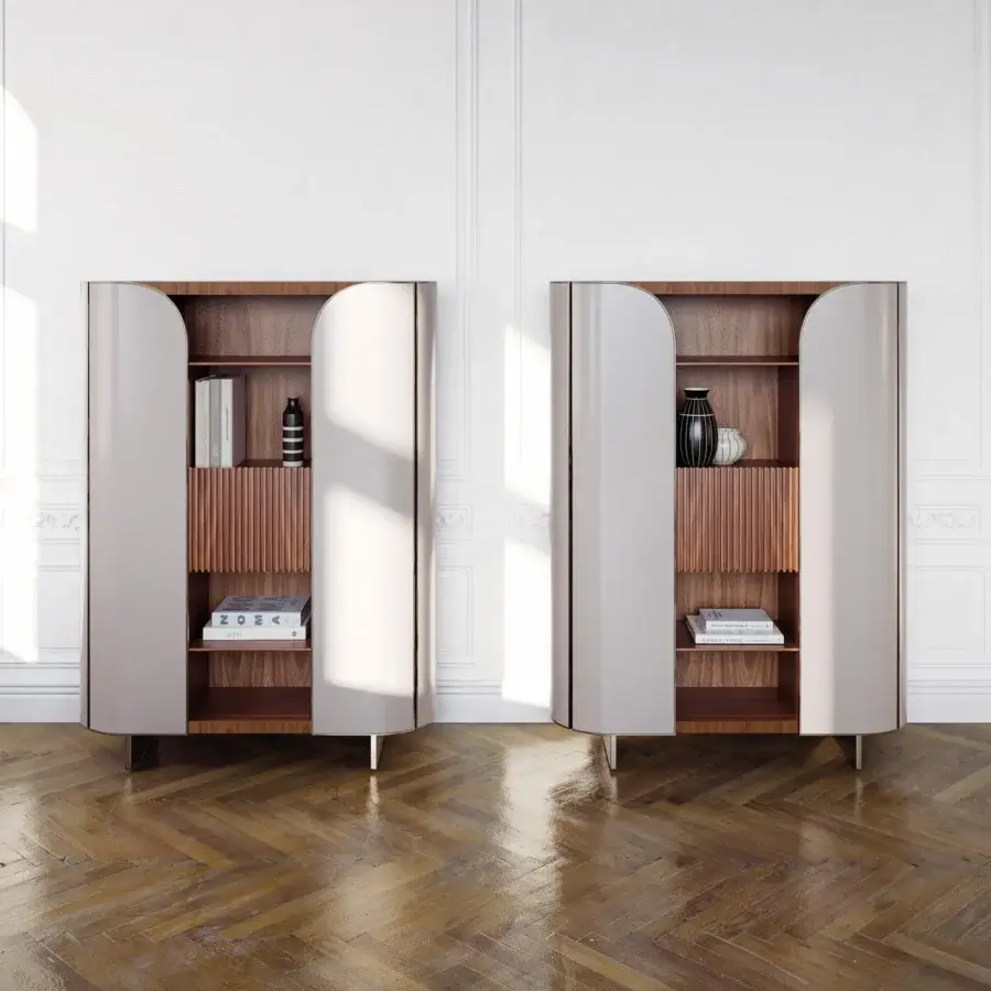 Superior Capital Duna cupboard with satin lacquer exterior and warm medium-brown wood veneer shelving crafted in a contemporary curved silhouette