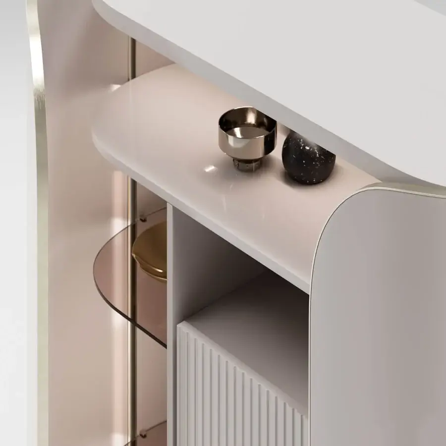 Distinctive Capital Duna cupboard with pale wood veneer, bronzed glass shelves and delicate light gold metallic accents crafted with cannette finishes