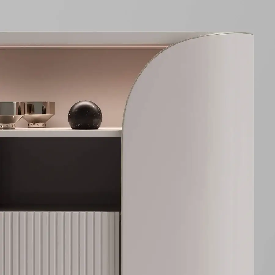Elegant Capital Duna cupboard with pale grey wood veneer, metallic accents and cannette finishes offering bronzed glass shelves