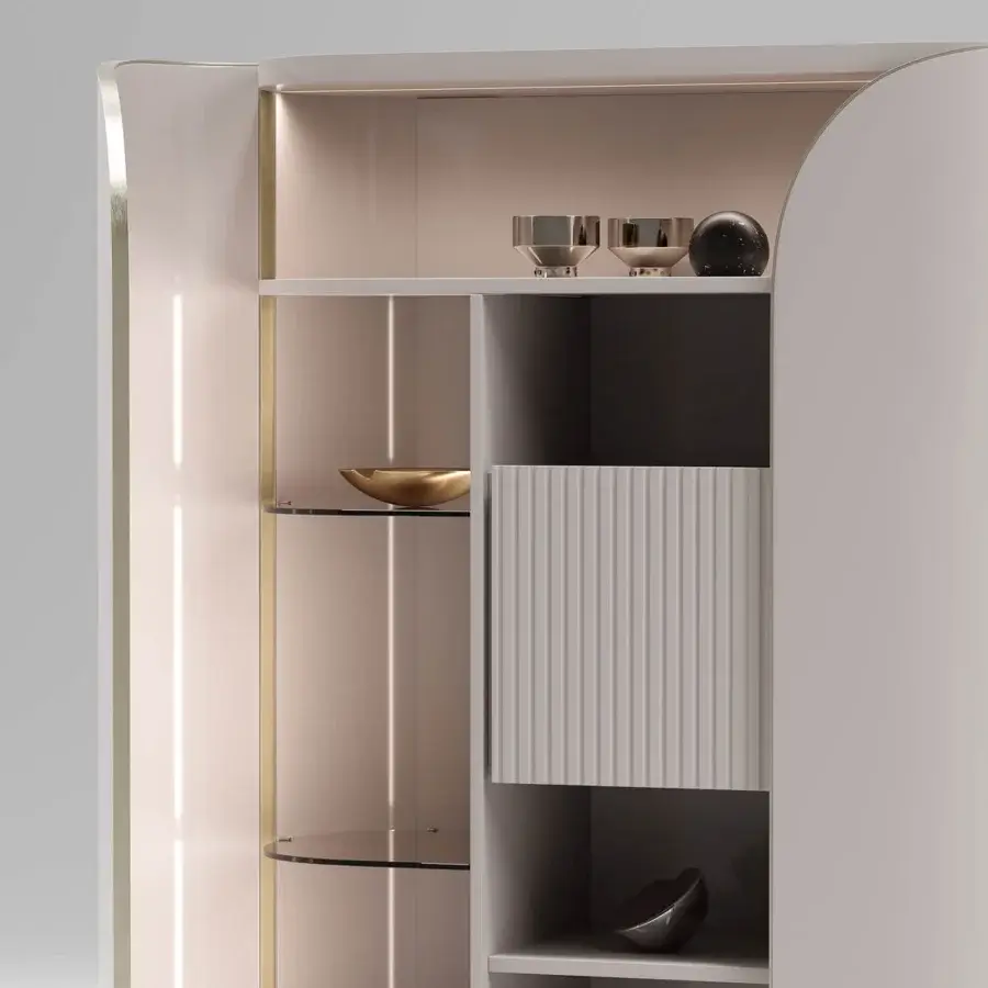 Captivating Capital Duna cupboard with wood veneer, cannette detailing and bronzed glass shelves in warm beige tones