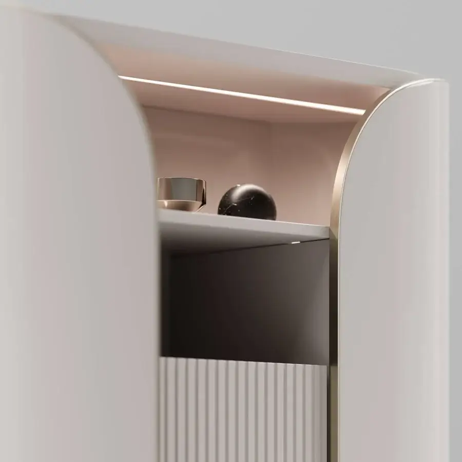 Elegant Capital Duna cupboard built with beige wood veneer, cannette detailing and luminous bronzed glass shelving