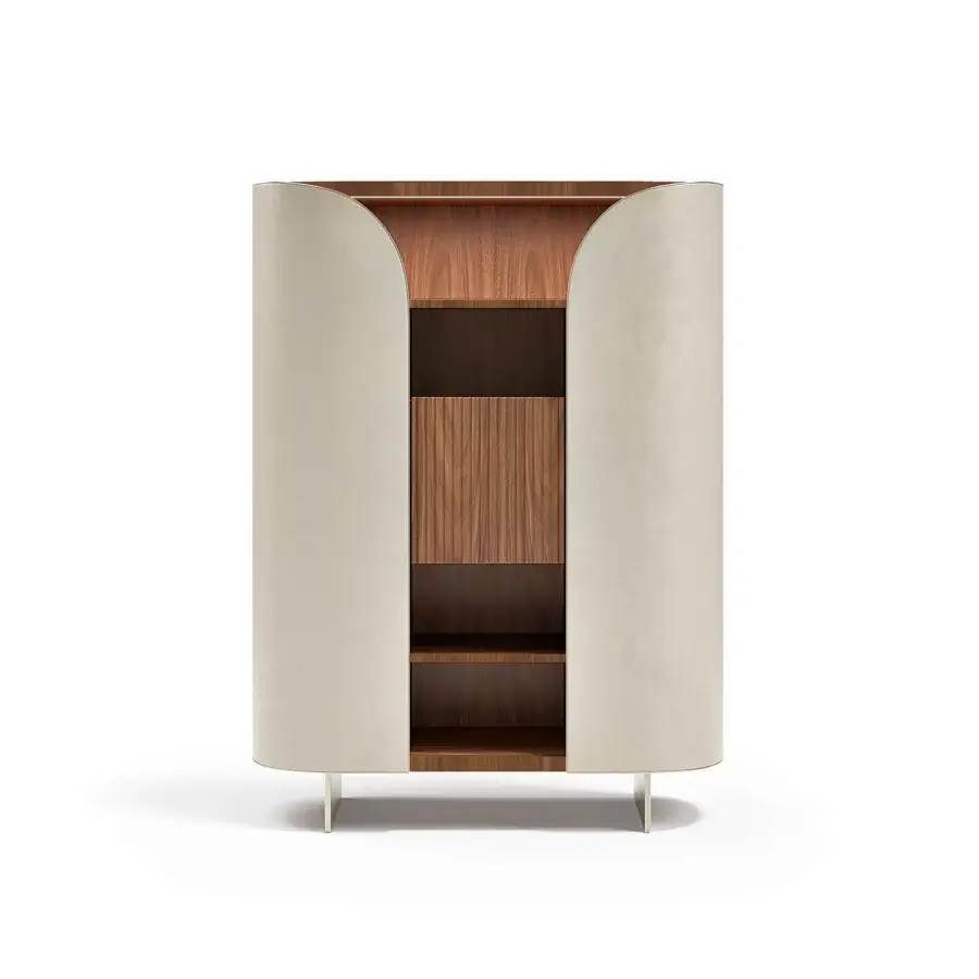 Distinguished Capital Duna cupboard crafted with beige cannette, warm wood interior and bronzed glass shelving with a metallic base