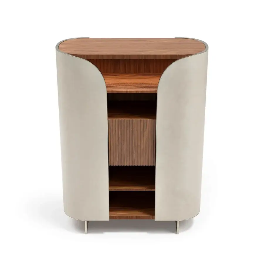Superior Capital Duna cupboard with gently curved form, light beige cannette and luminous metallic base crafted in wood veneer