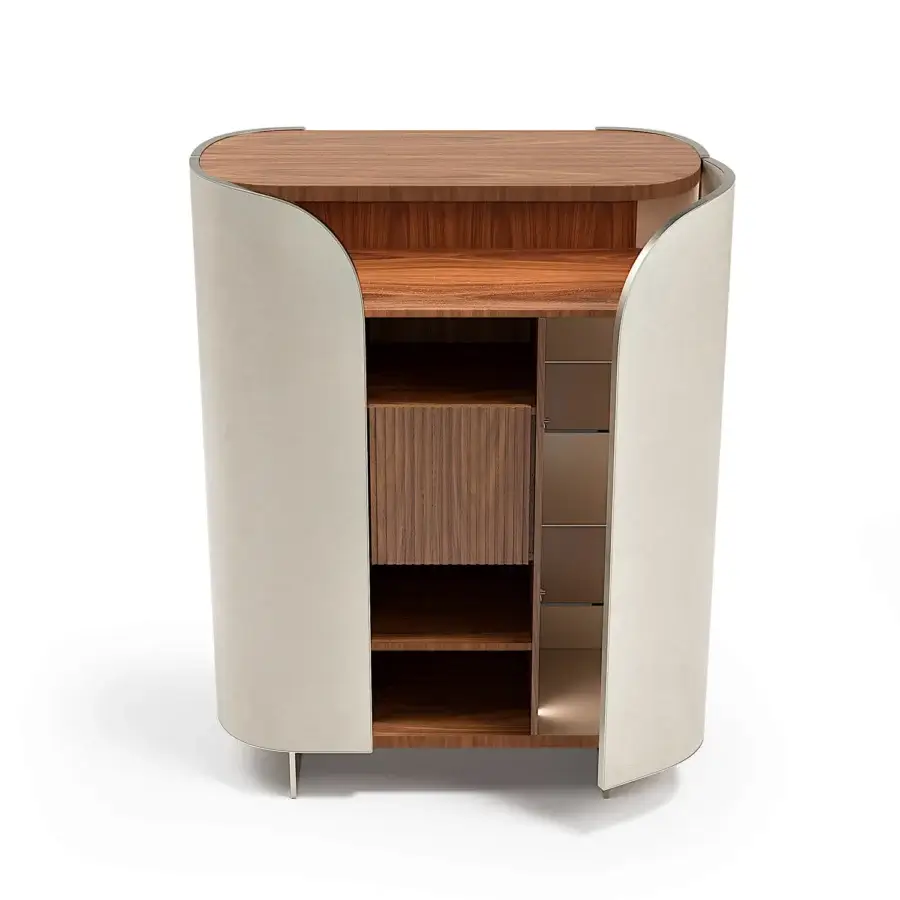 Captivating Capital Duna cupboard with light beige cannette, satin wood veneer interior and bronzed glass shelving