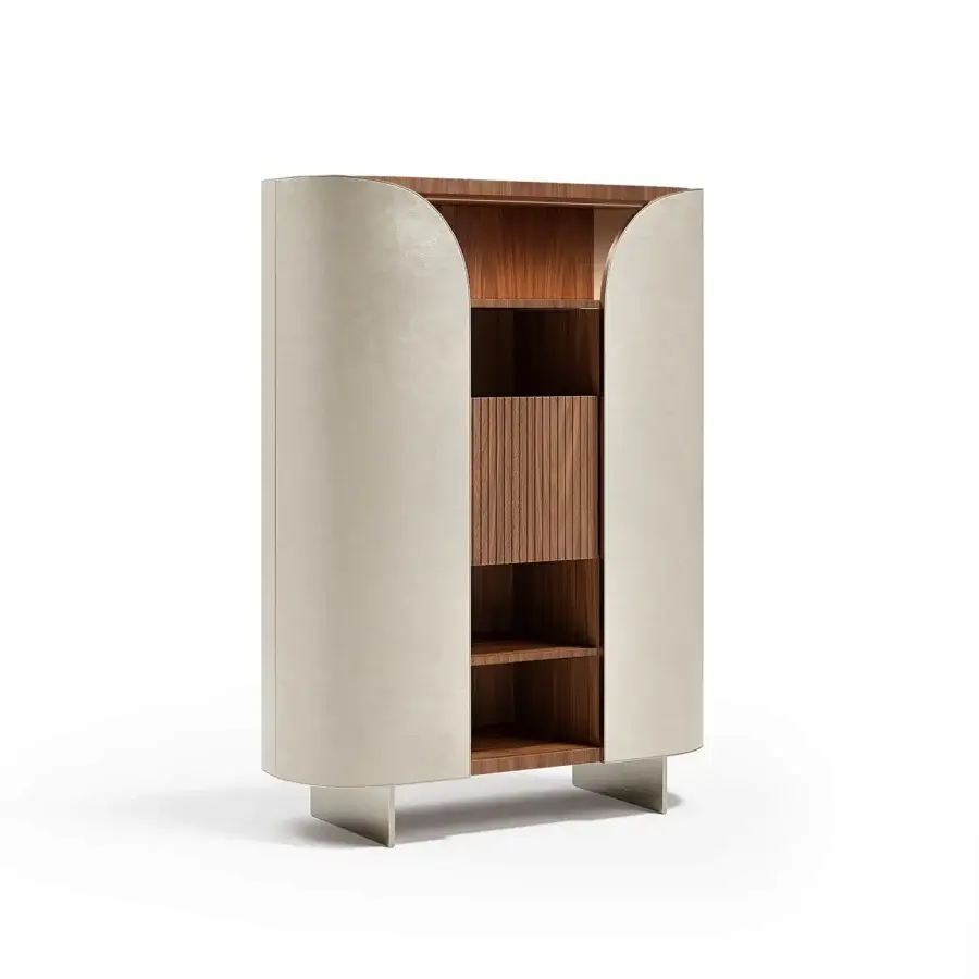 Exceptional Capital Duna cupboard with gently curved cannette, warm satin wood shelving and bronzed glass built in Italy