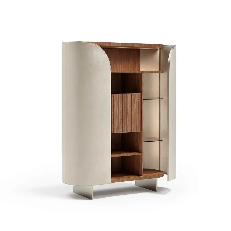 Distinguished Capital Duna cupboard with light taupe cannette, warm wood veneer interiors and bronzed glass shelving crafted in Italy
