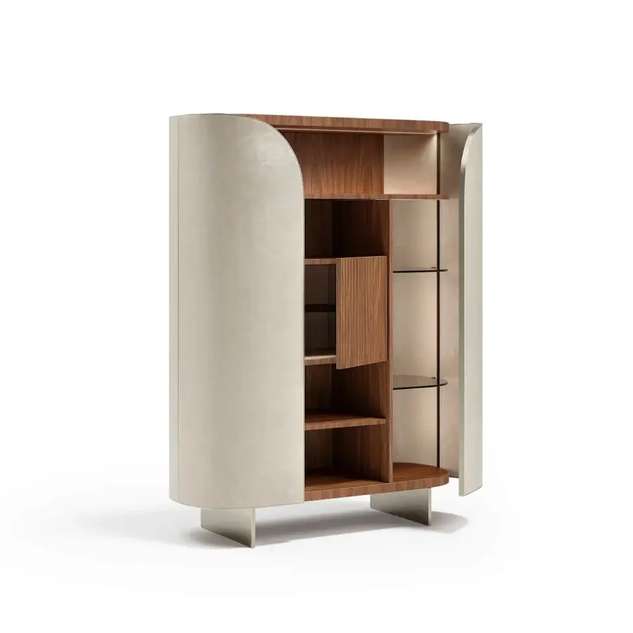 Elegant Capital Duna cupboard with curved form, beige wood veneer exterior and bronzed glass shelving within a warm wood interior