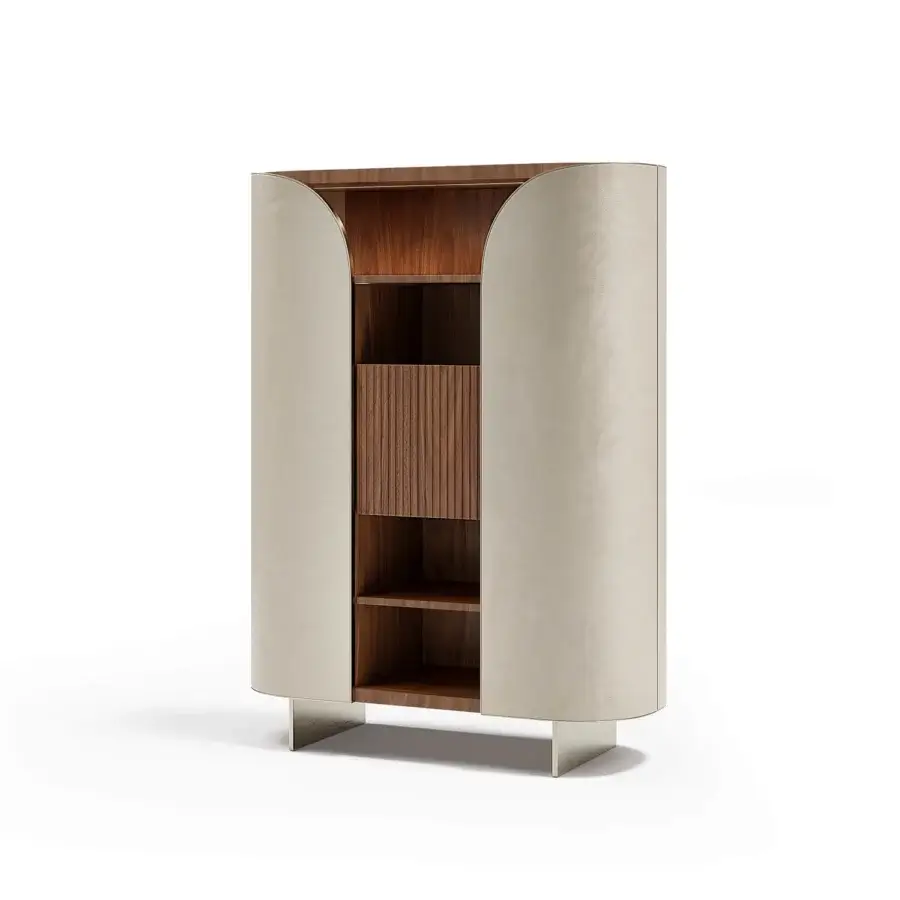 Captivating Capital Duna cupboard with gently curved form, light beige cannette and bronzed glass shelving