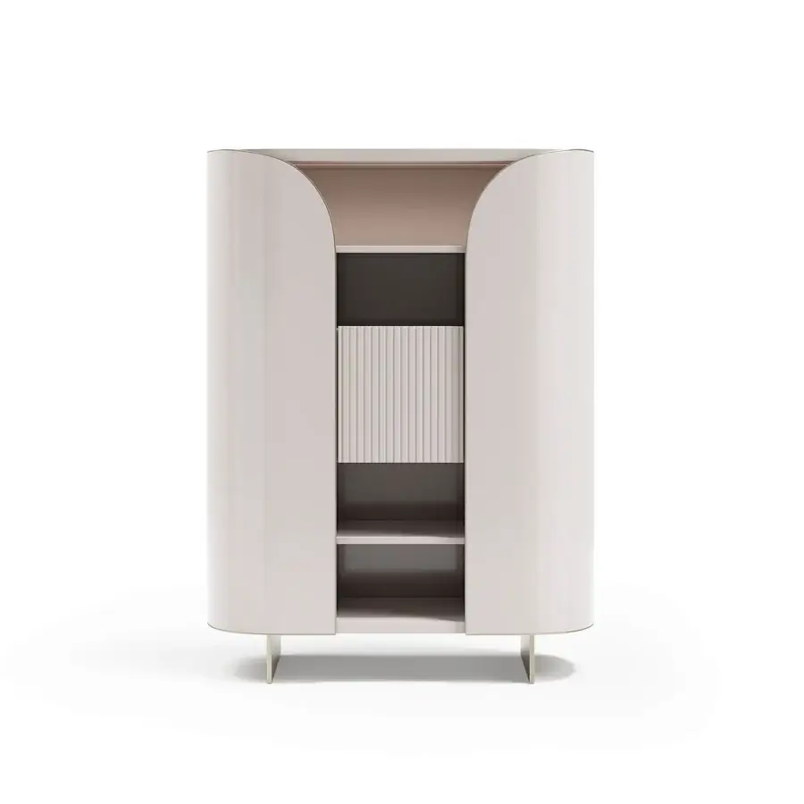 Superior Capital Duna cupboard with softly curved silhouette, pale beige lacquer and bronzed glass shelves within