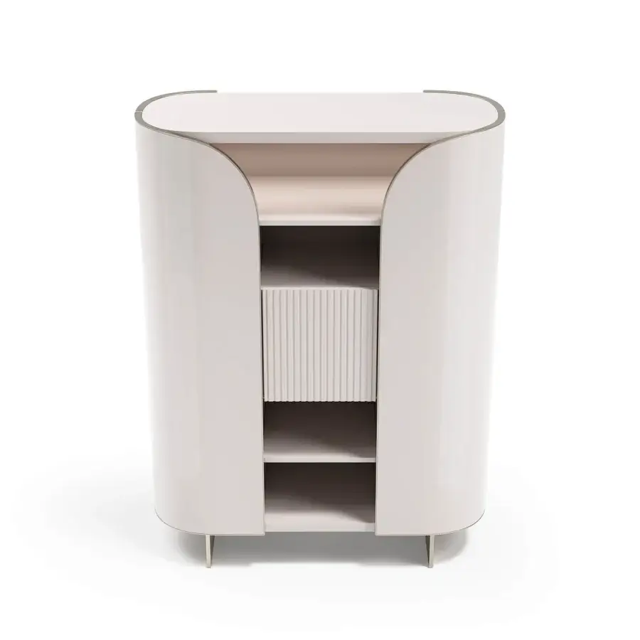 Distinguished Capital Duna cupboard with softly rounded form, pale beige wood veneer and bronzed glass shelving with cannette finish