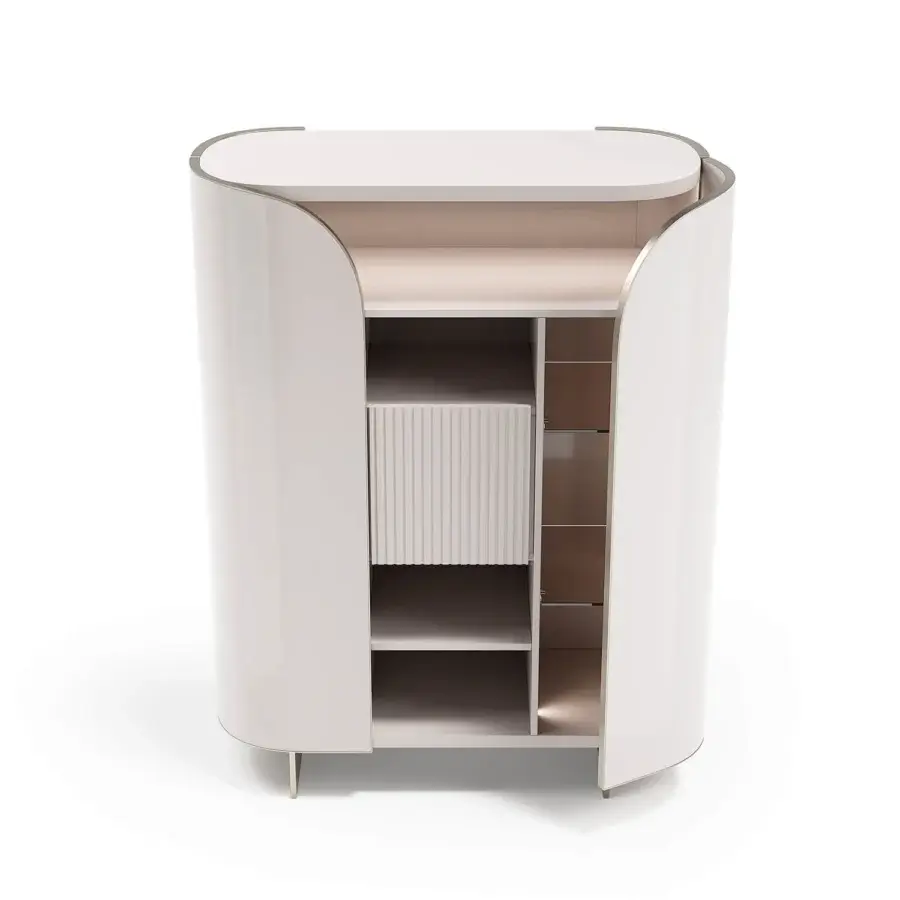 Captivating Capital Duna cupboard with rounded organic form, pale beige lacquer, bronzed glass shelving and metallic trim