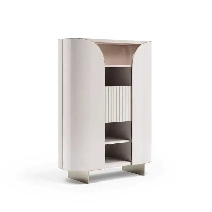 Exclusive Capital Duna cupboard with gently curved silhouette, light beige wood veneer, cannette doors and bronzed glass shelving