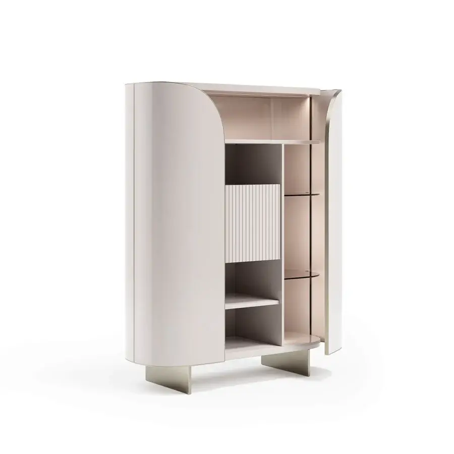 Superior Capital Duna cupboard with gently curved silhouette, pale beige lacquer, cannette finishes and bronzed glass shelving