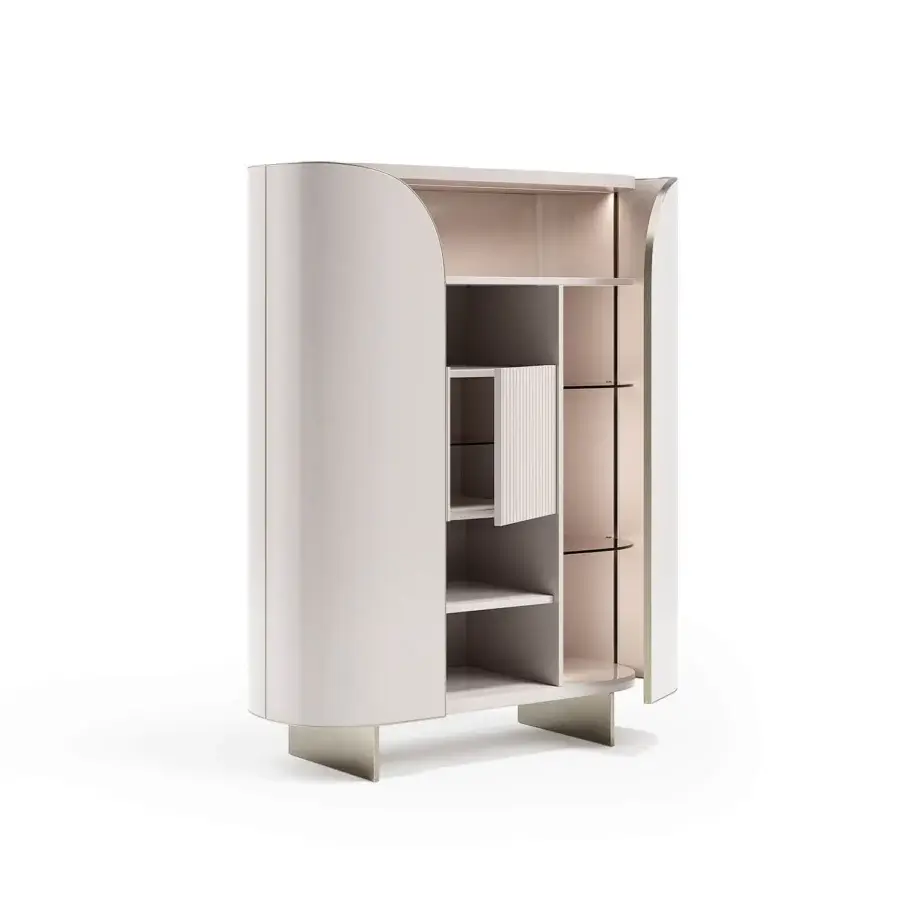 Distinguished Capital Duna cupboard with softly curved silhouette, pale beige wood veneer, bronzed glass shelves and brass-colored metallic legs