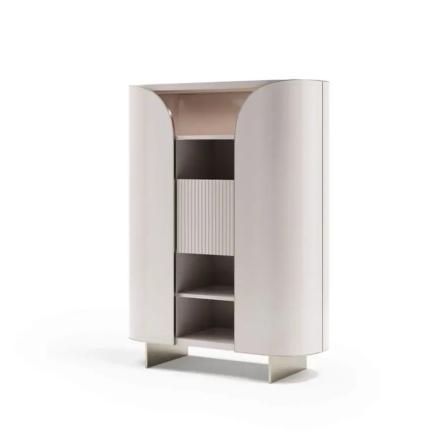 Exceptional Capital Duna cupboard with gently curved silhouette, pale beige lacquer, and bronzed glass shelves within
