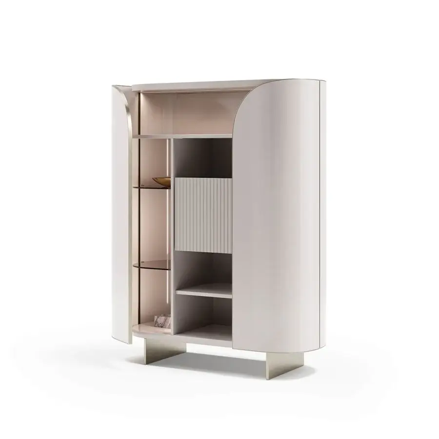 Elegant Capital Duna cupboard with curved silhouette, pale beige lacquer, and bronzed glass shelves