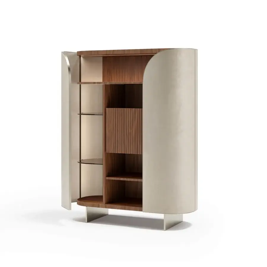 Superior Capital Duna cupboard with cannette finish doors, satin wood veneer interior, and bronzed glass shelves crafted in Italian design