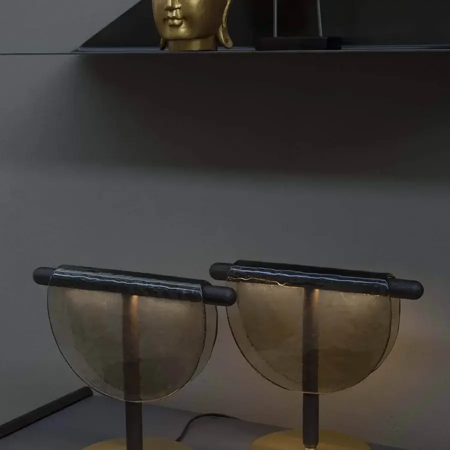 Exceptional Tonin Casa Dali table lamp crafted in translucent amber fused glass with satin finished solid oak wood