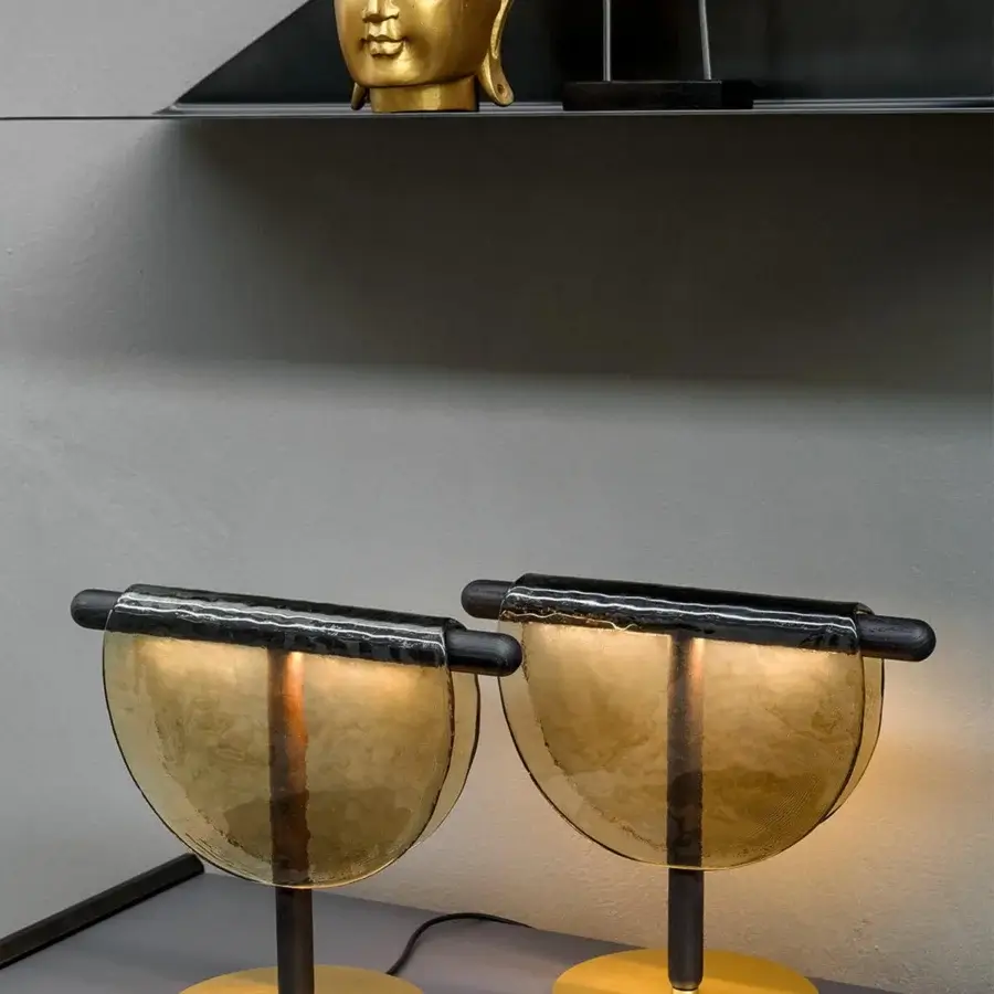 Lavish Tonin Casa Dali table lamp crafted in fused glass with golden-finished solid oak wood stems
