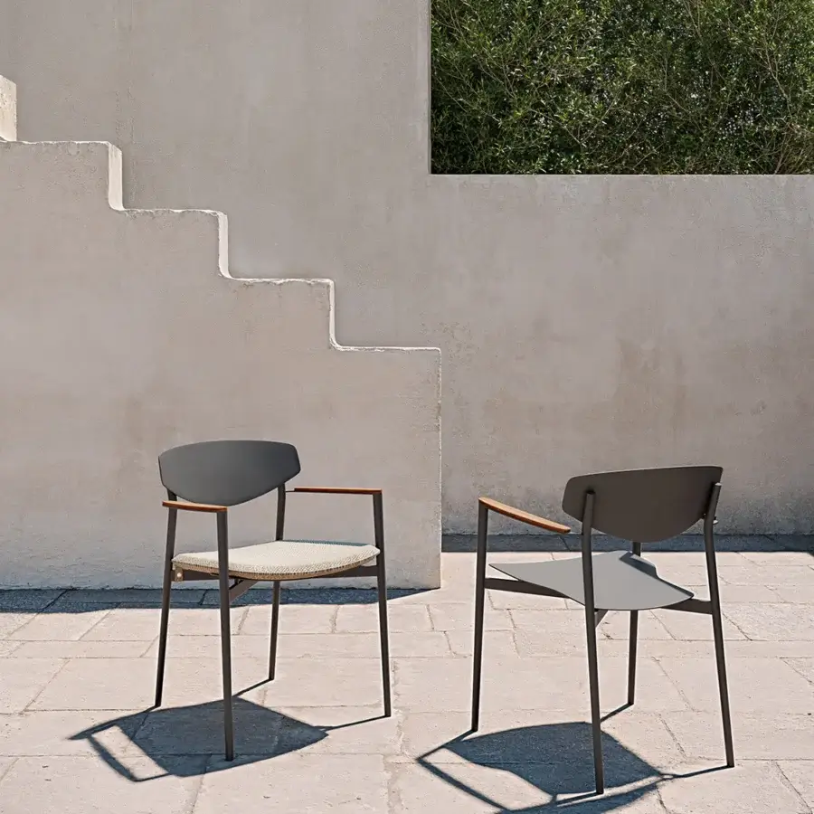 Distinguished Atmosphera Origami armchair with a matte aluminum shell and natural teak armrests in woven beige textile