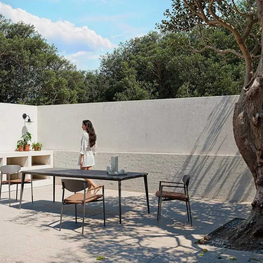 Exceptional Atmosphera Origami armchair with aluminum shell, natural teak armrests, and light beige textile upholstery