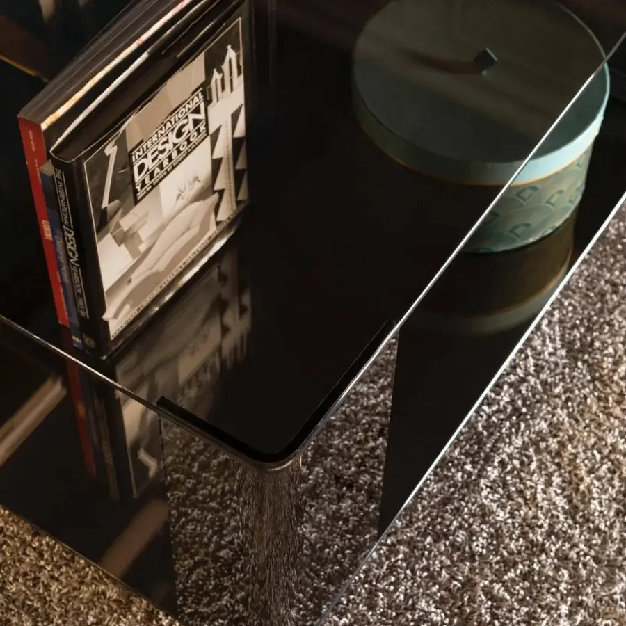 Distinguished Tonin Casa Dedalo coffee table with sculpted wooden base and reflective fumè glass tabletop in satin and glossy finish