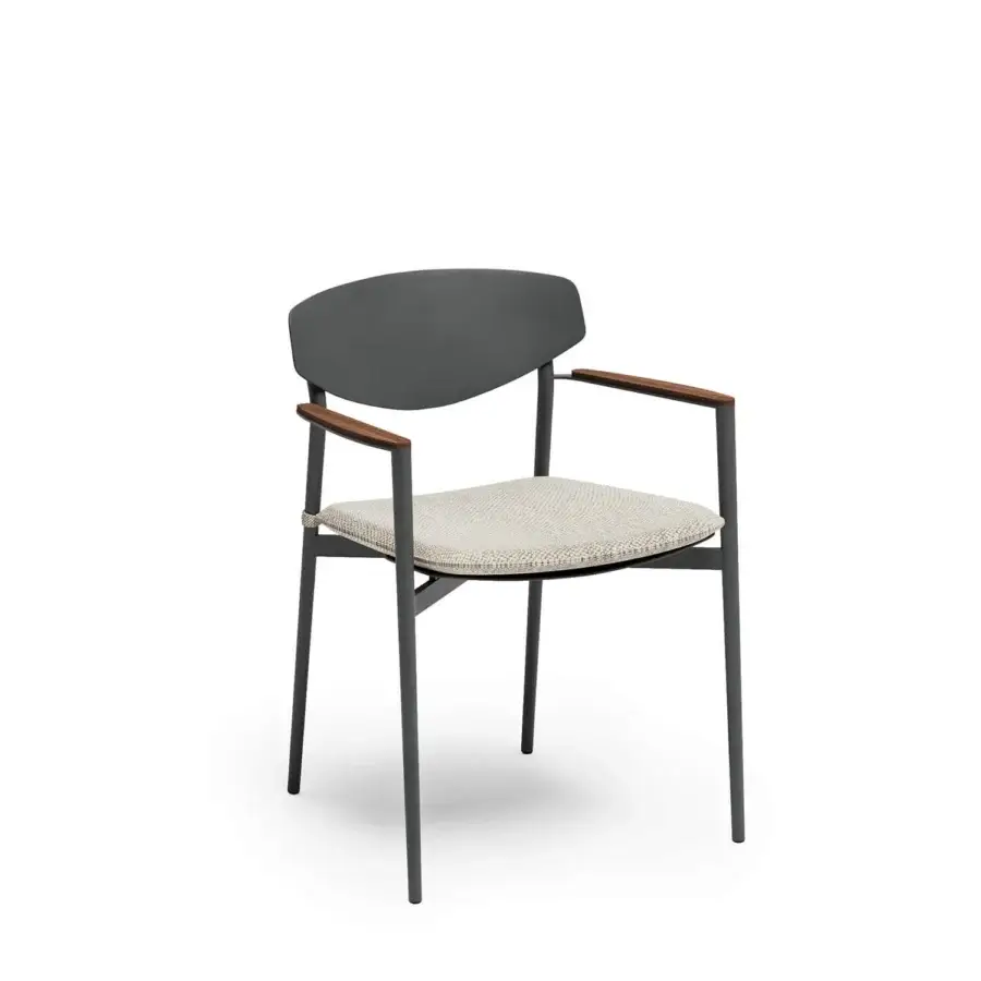Sophisticated Atmosphera Origami armchair with dark gray aluminum shell and warm medium-brown teak armrests in neutral beige textile upholstery