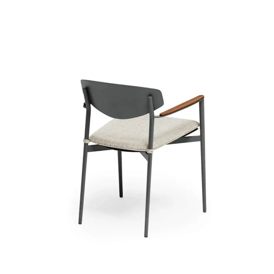 Distinguished Atmosphera Origami armchair with a matte dark gray aluminum shell and natural teak armrest, upholstered in textured neutral textile