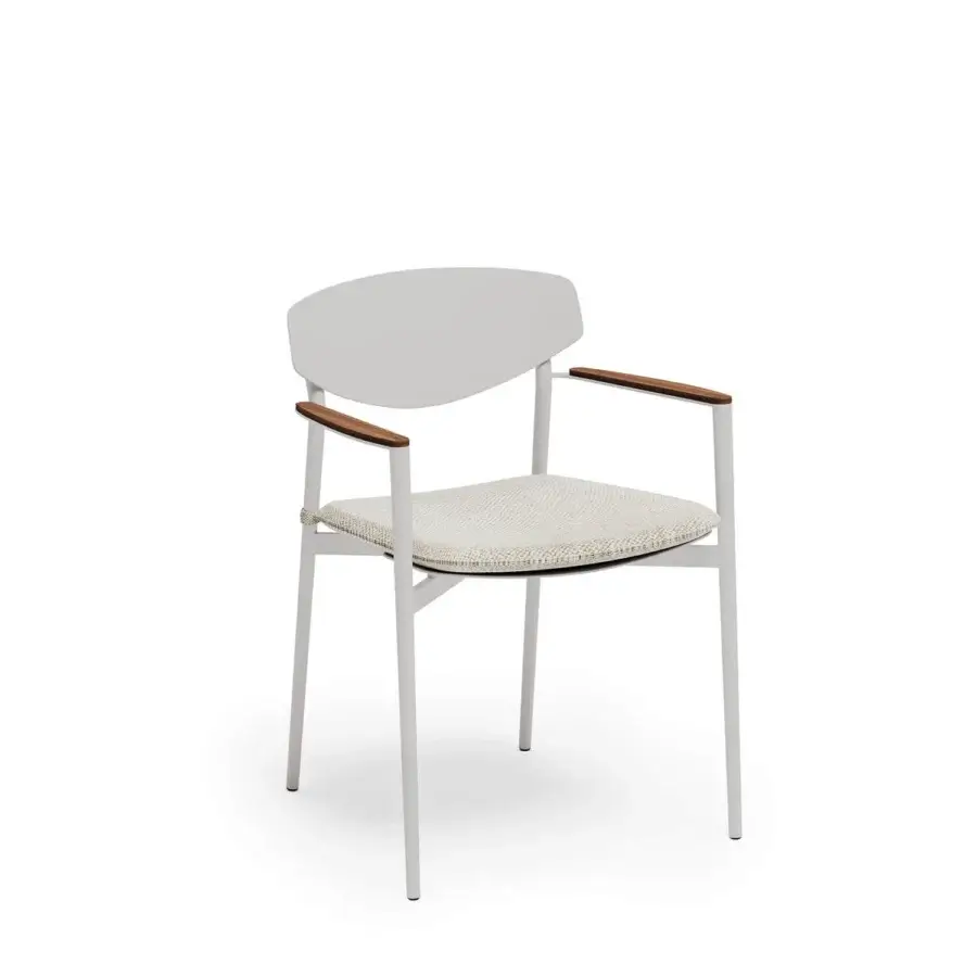 Elegant Atmosphera Origami armchair with matte white aluminum shell and warm natural teak armrests built with woven cushions