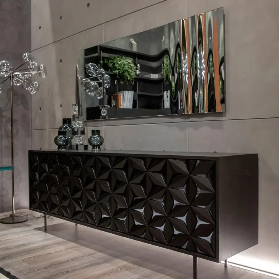 Distinguished Tonin Casa All Star sideboard crafted with geometric solid wood petals over mirrored surfaces and a carbon gray metal base