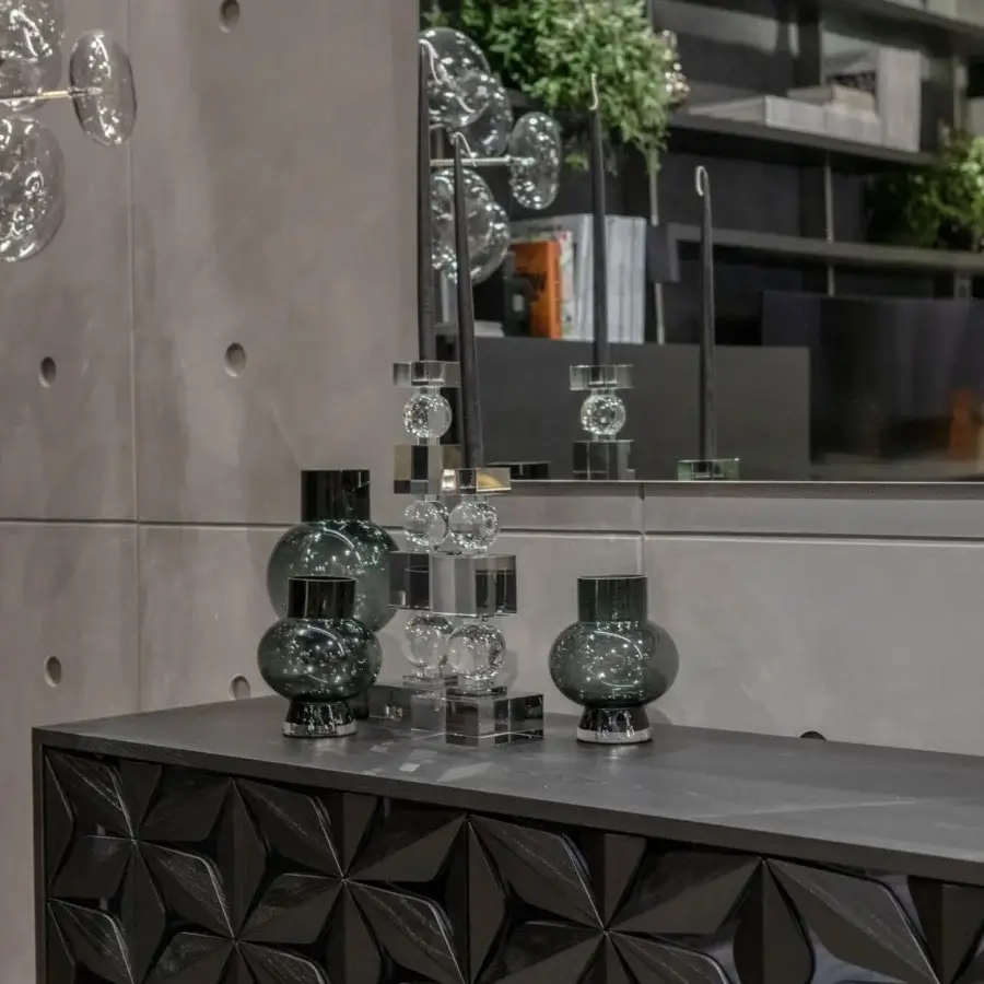 Exceptional Tonin Casa All Star sideboard with mirrored surfaces and hand-applied solid wood petals in a charcoal finish