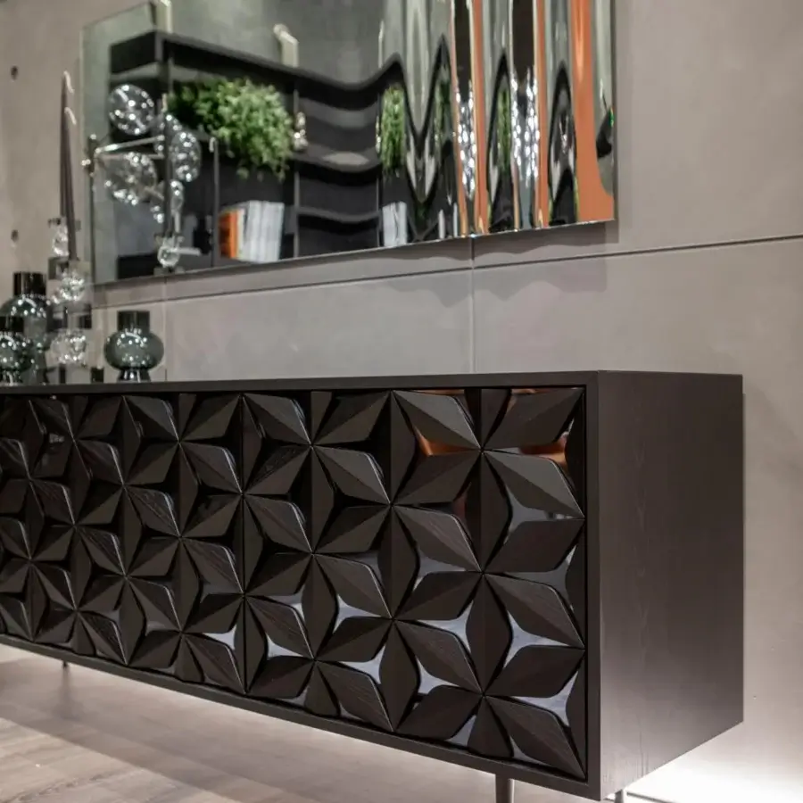 Luxury Tonin Casa All Star sideboard with geometric solid wood petals over mirrored surfaces and carbon gray metal base