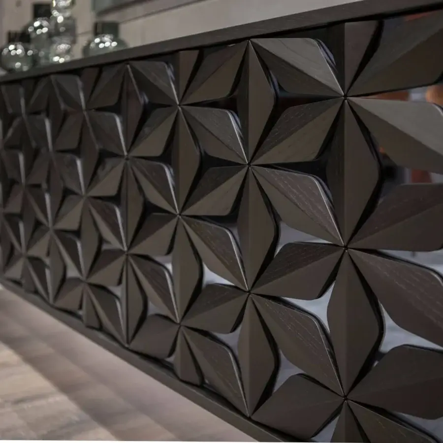 Superior Tonin Casa All Star sideboard crafted with dark stained wood petals over mirrored surfaces and a carbon gray metal base