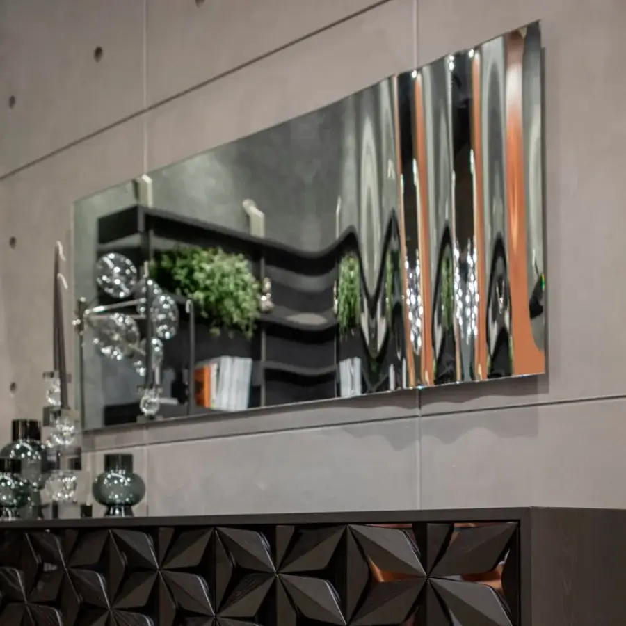 Distinguished Tonin Casa Anemos mirror crafted with reflective glass and contrasting silver and copper metallic strips with a polished finish