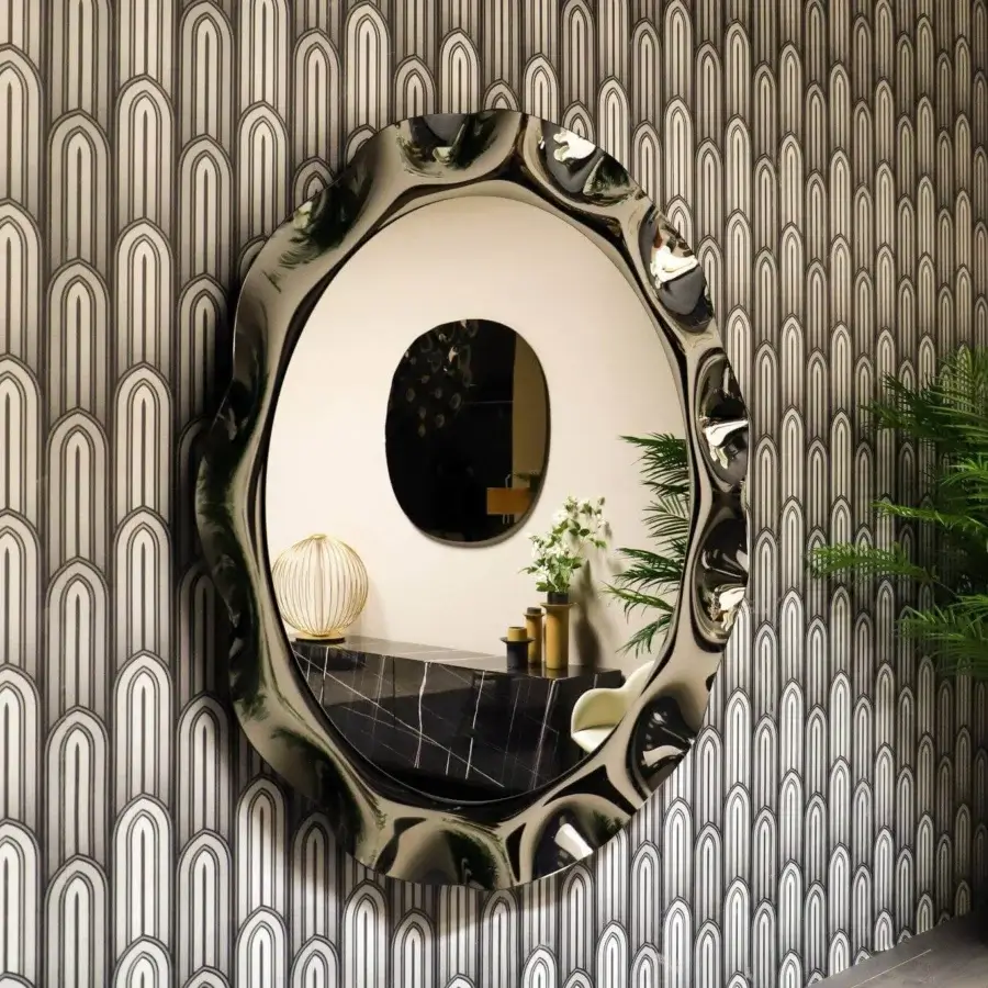Distinguished Tonin Casa Dorian mirror crafted with silvered curved glass in bronze and fumè tones offering a contemporary aesthetic