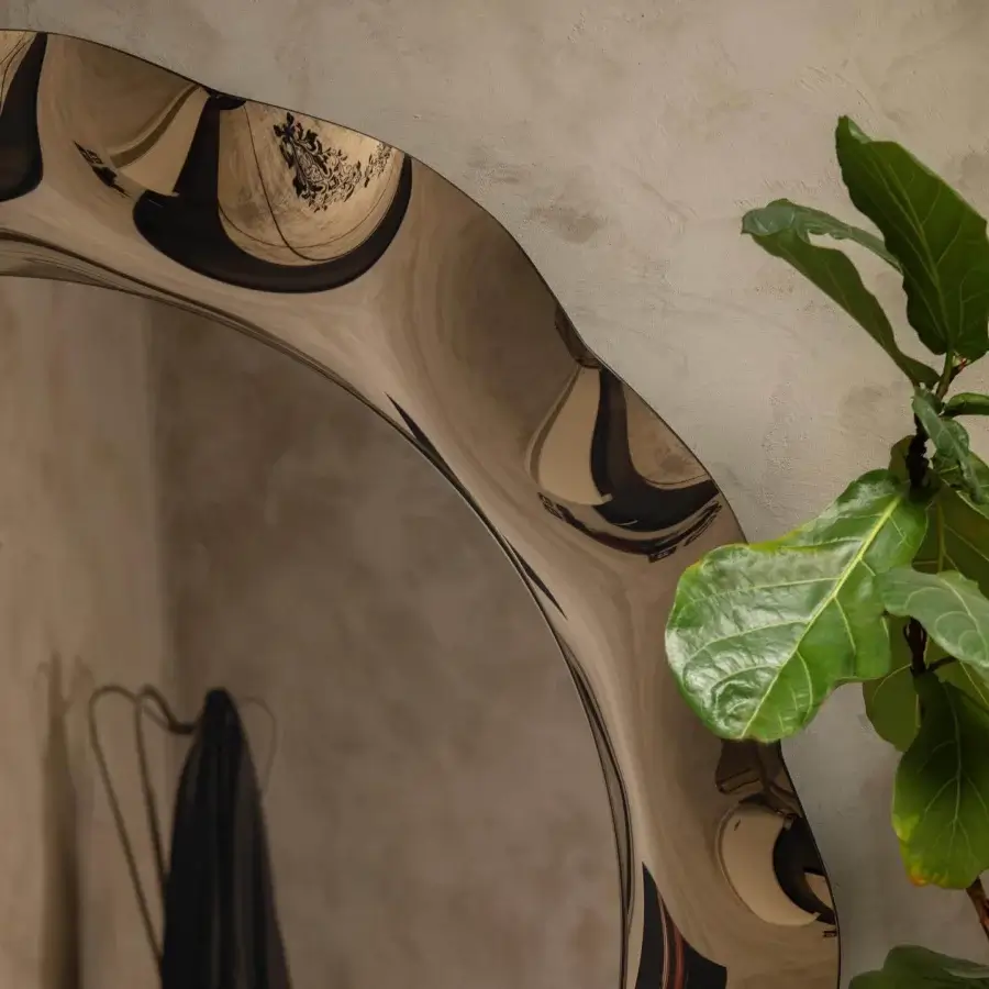 Superior Tonin Casa Dorian mirror crafted in silvered curved glass with bronze and fumè tones offering a contemporary reflection