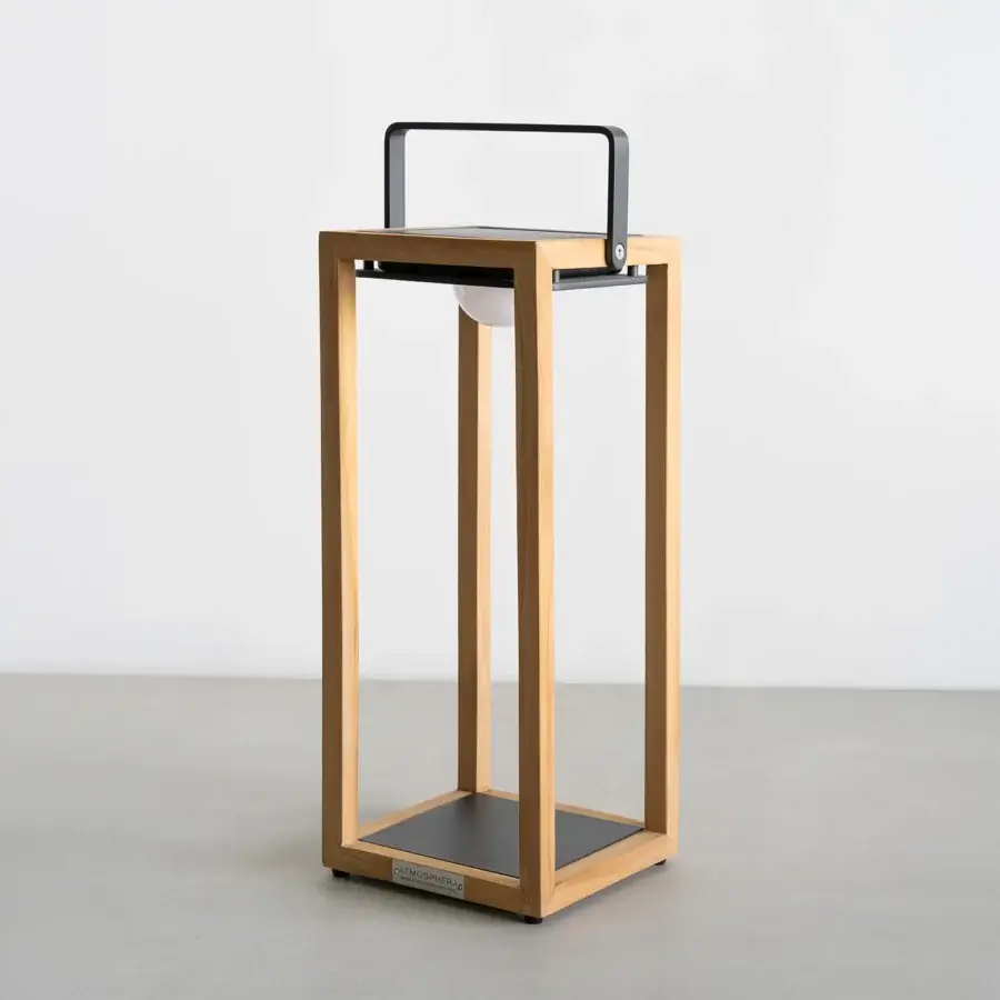 Elegant Atmosphera Astro floor lamp with teak wood construction and satin finish offering a 3000K glow from frosted glass