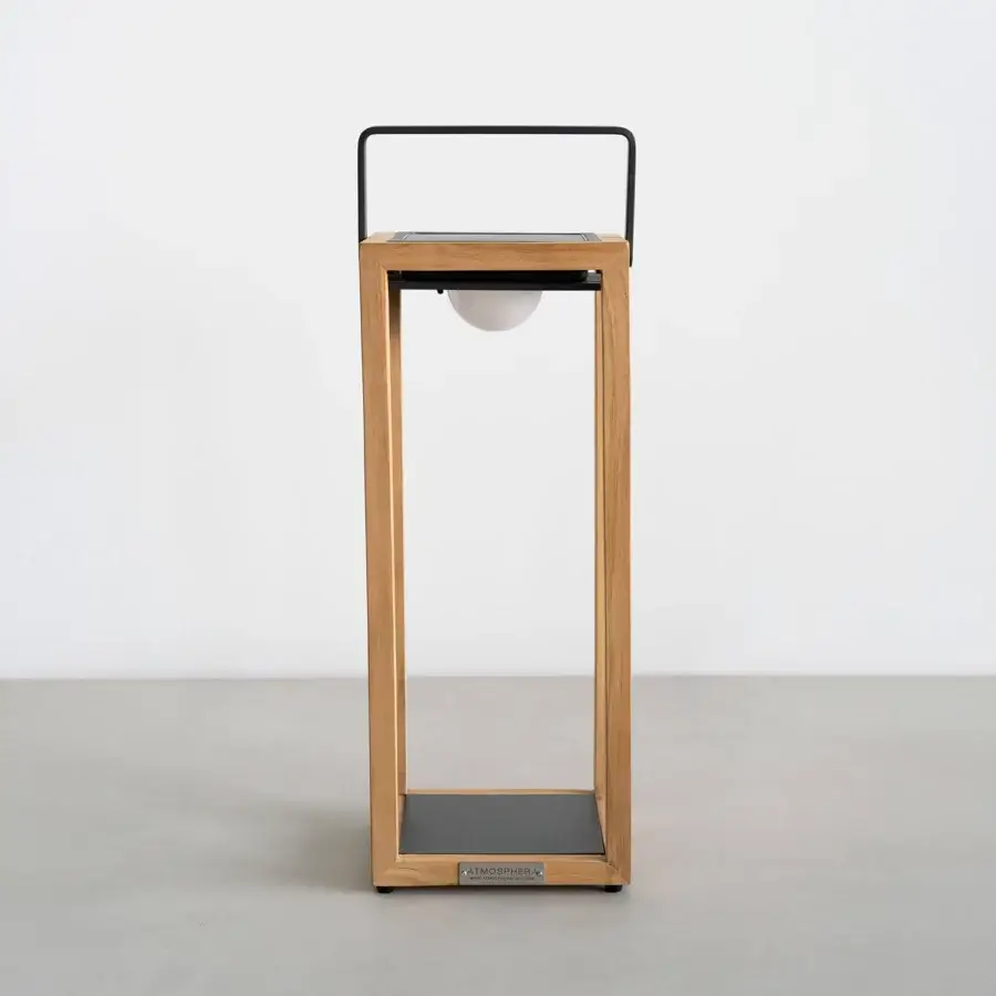Superior Atmosphera Astro floor lamp with natural teak wood and satin finish emitting a warm 3000K glow