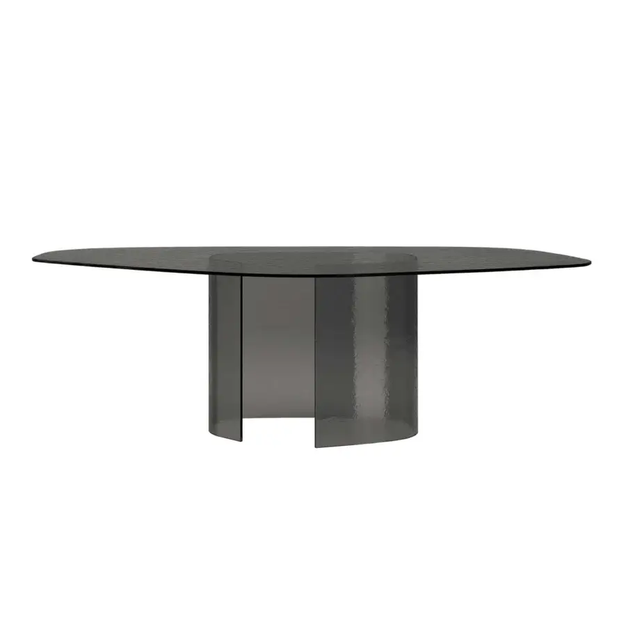 Luxury Tonin Casa Ablos table crafted in dark gray hammered glass with a uniquely curved translucent pedestal base
