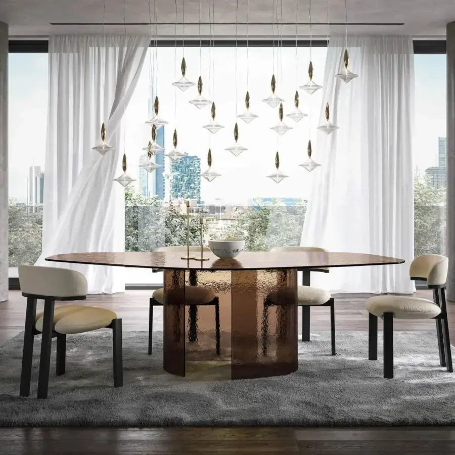Exceptional Tonin Casa Ablos table built in hammered glass with a reddish-brown metallic pedestal base